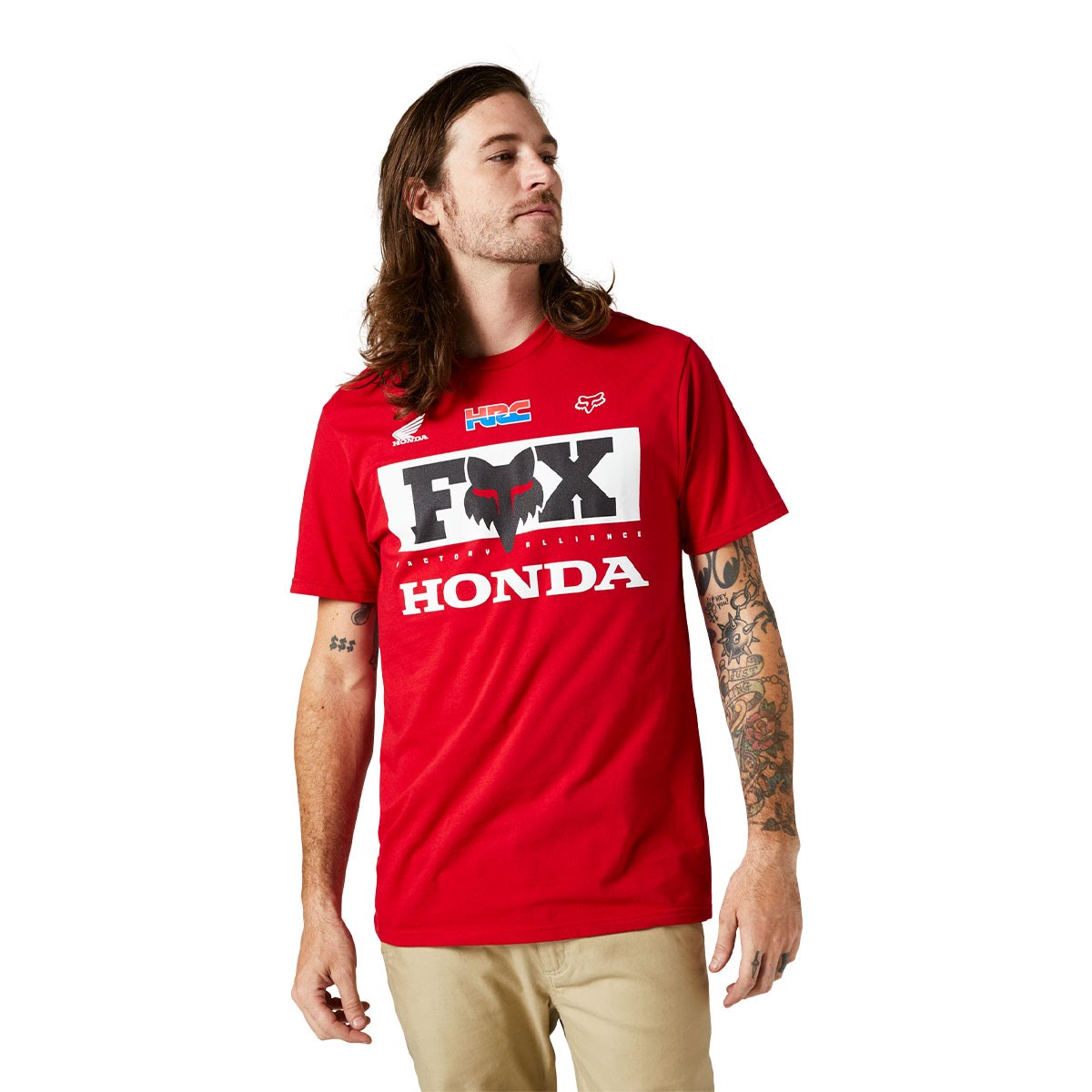 Fox Racing バイクウェア 長袖シャツ レッド×ブラック Mサイズ FOX RACING HONDA プレミアムTシャツ フレイムレッド